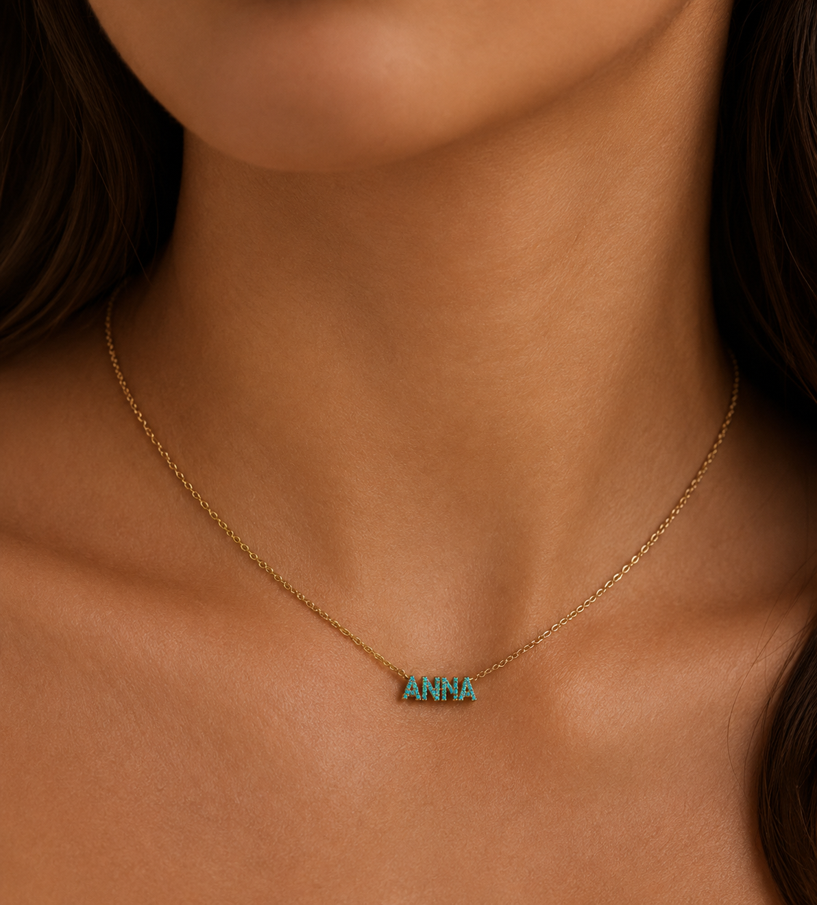 Personalized Name Necklace in Gold with Turquoise Stones