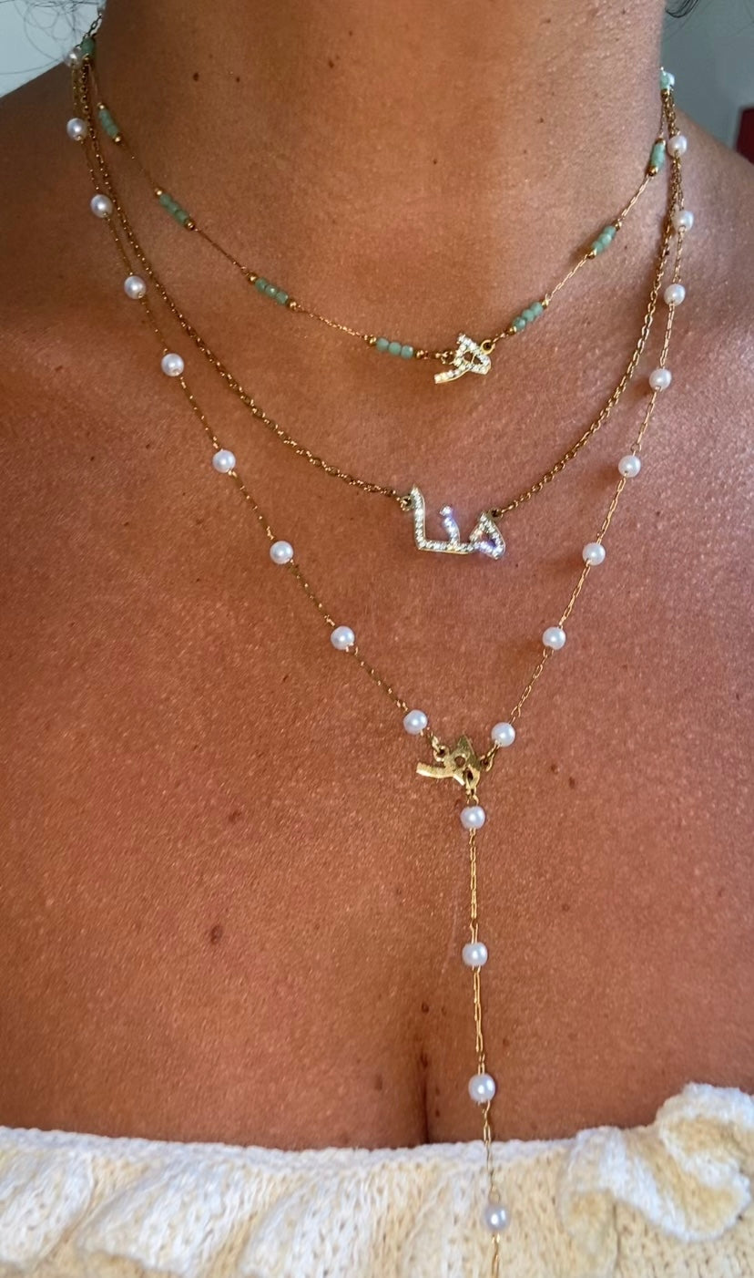 Pearl Beaded Arabic Initial Y-Necklace