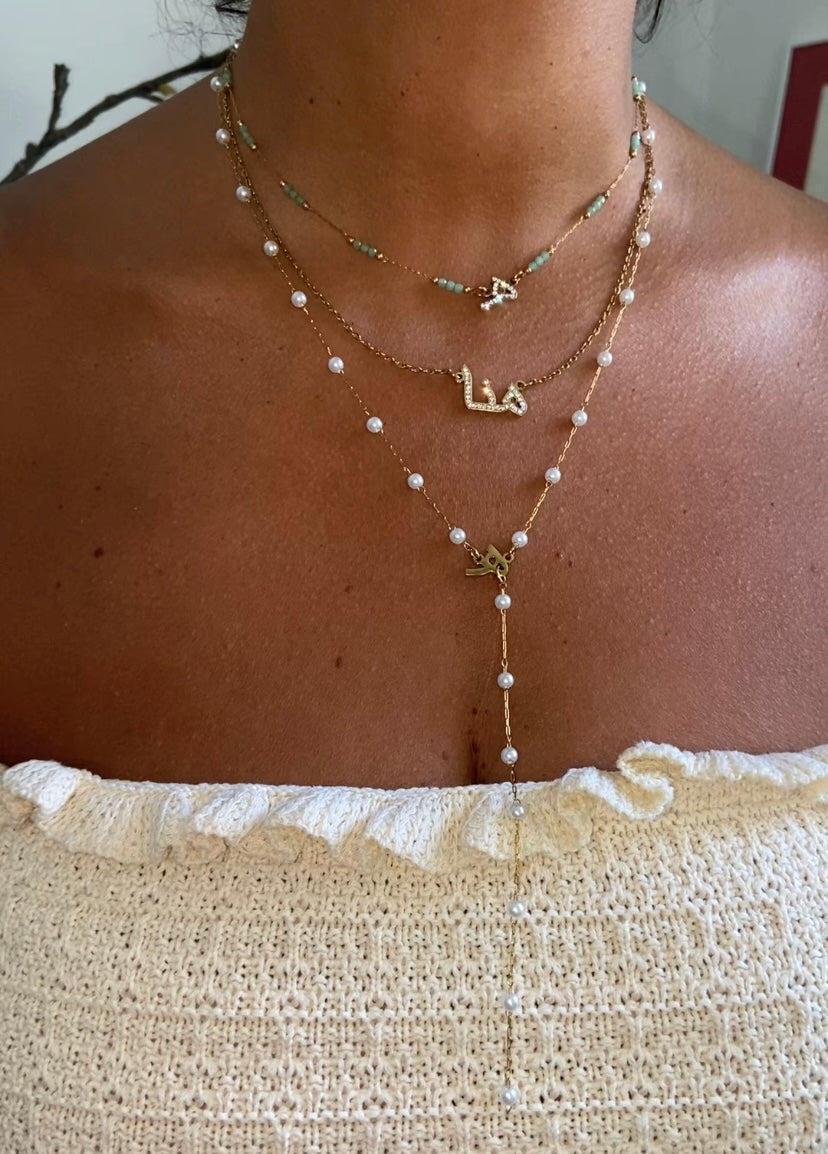 Pearl Beaded Arabic Initial Y-Necklace