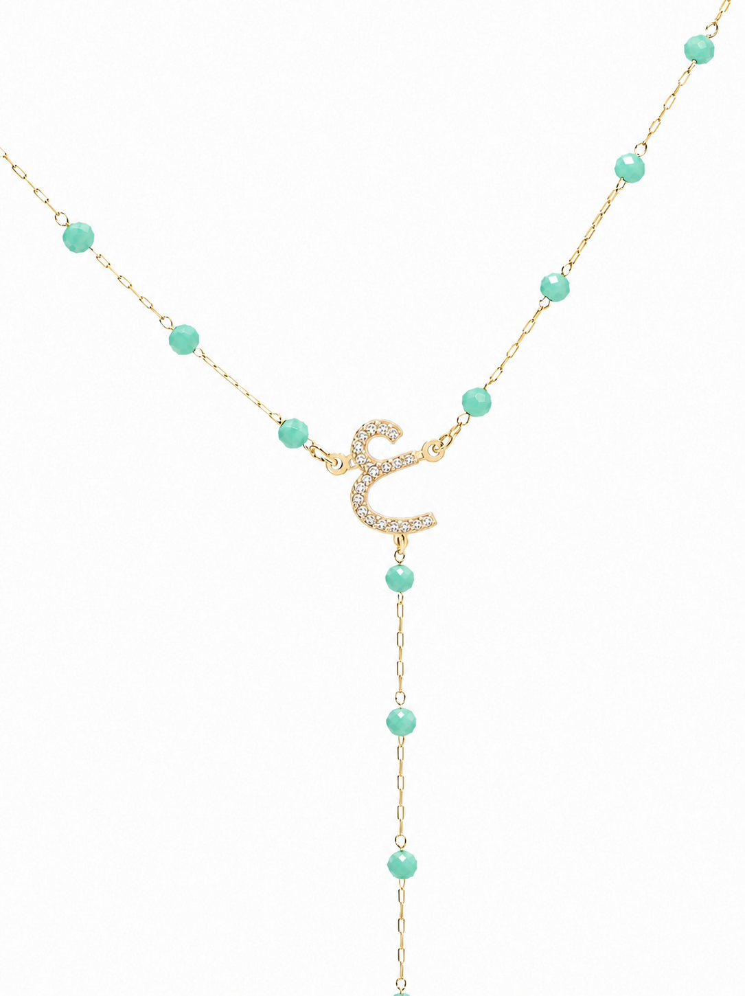 Turquoise Beaded Arabic Initial Y-Necklace – 14K Gold Plated