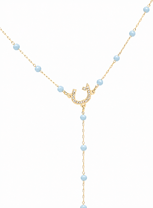Baby Blue Beaded Arabic Initial Y-Necklace – 14K Gold Plated