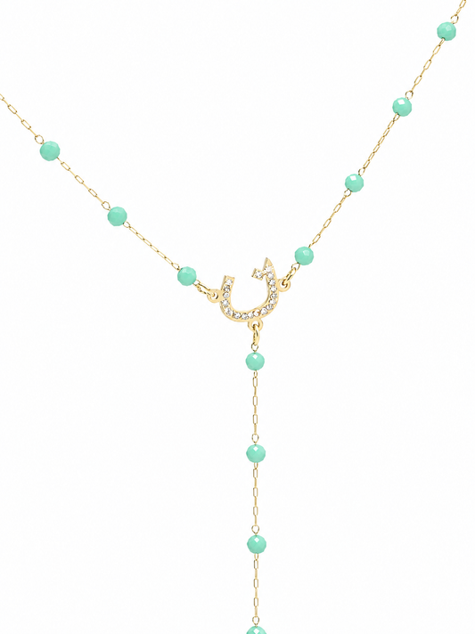Turquoise Beaded Arabic Initial Y-Necklace – 14K Gold Plated