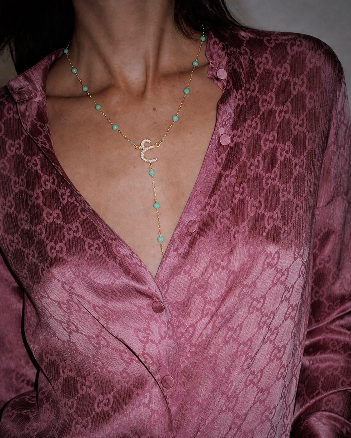 Turquoise Beaded Arabic Initial Y-Necklace – 14K Gold Plated