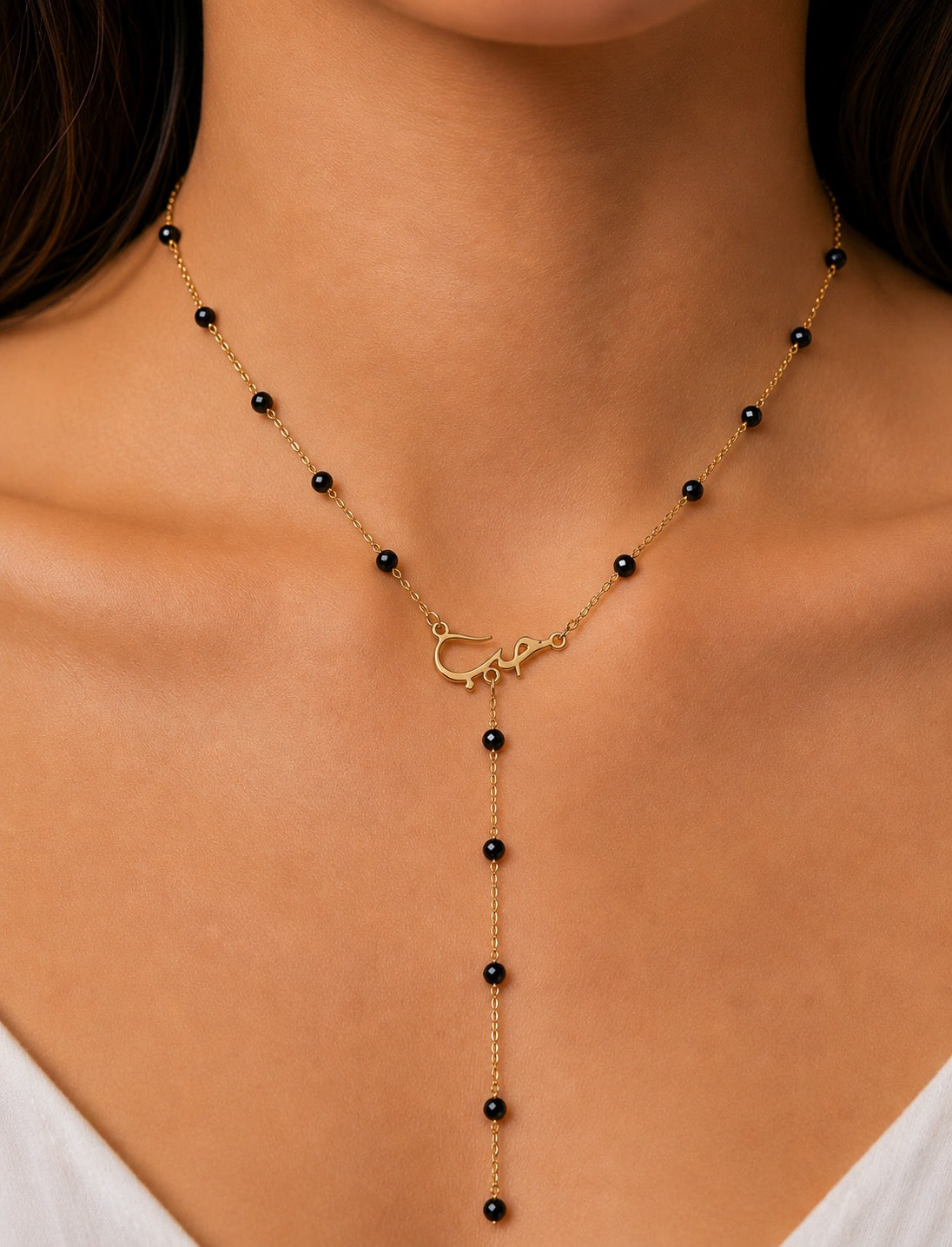 Beaded Arabic LOVE Y-Necklace – 14K Gold Plated