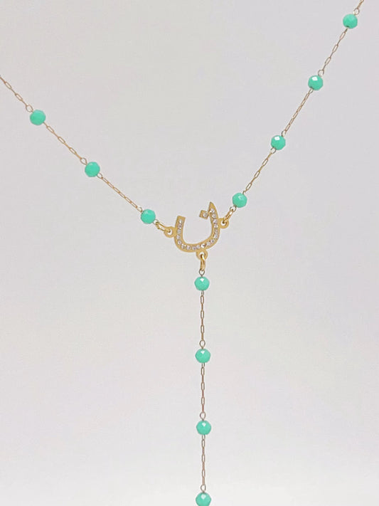 Turquoise Beaded Arabic Initial Y-Necklace – 14K Gold Plated